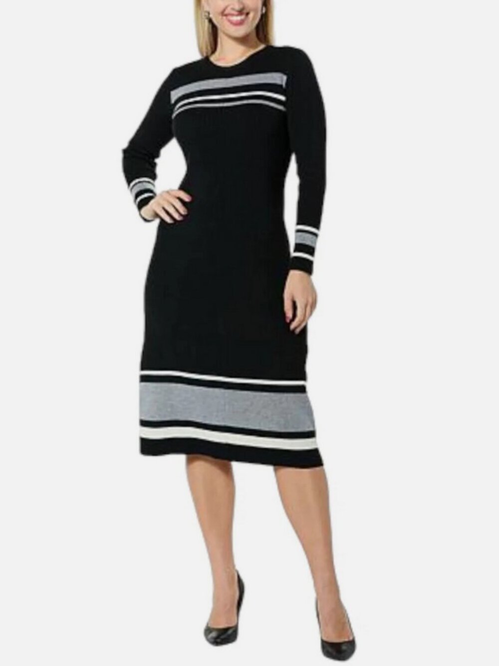 G by Giuliana Striped Ribbed Knit A-Line Sweater Dress Black Stripe XXS
